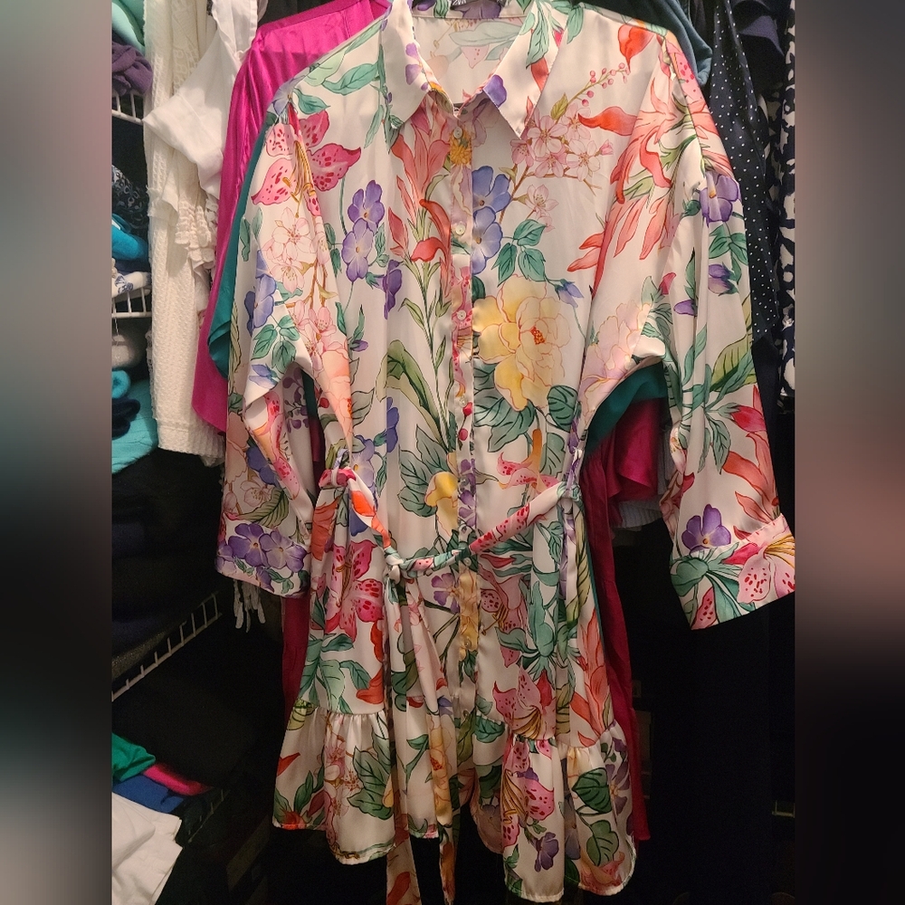 Zara FLORAL Button Front Tie Waist Shirt Dress Ruffle Hem Size XL Extra Large